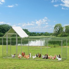 Walk-in Metal Chicken Coop Poultry Cage Pet House w/ Chicken Run Cover 10x3.3FT