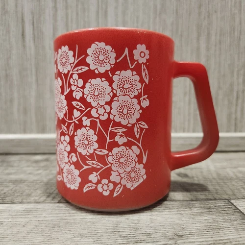 Coffee Mug Vintage Red White Floral Federal Glassware MILK GLASS MUG USA