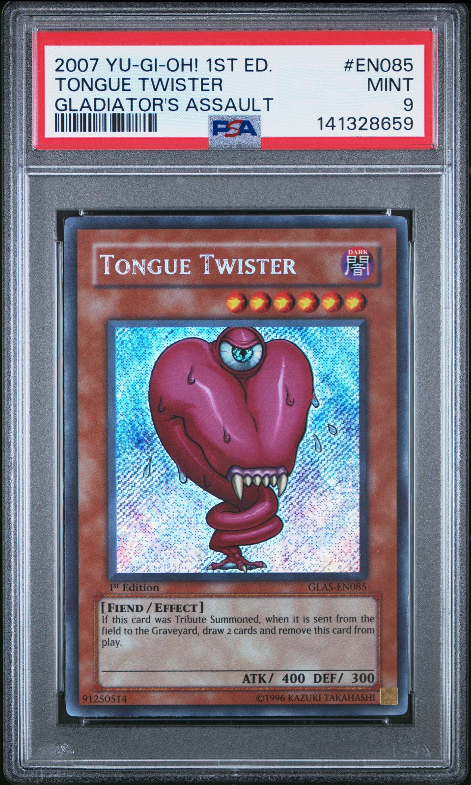 2007 YU-GI-OH! GLAS-GLADIATOR'S ASSAULT 1ST ED #EN085 TONGUE TWISTER PSA 9