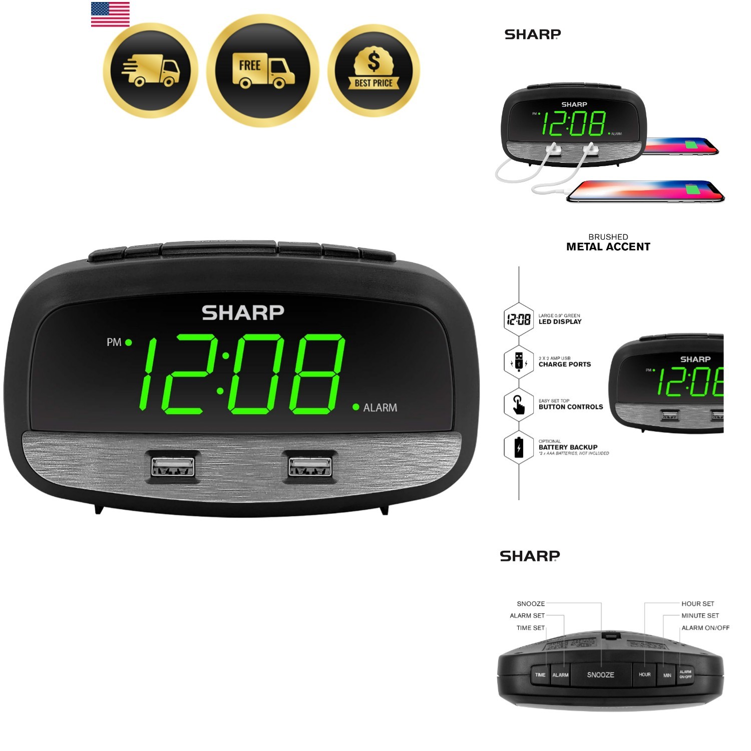 Digital Alarm Clock, Dual USB Fast Charge Ports, Green LED Display
