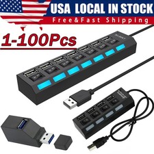 USB Hub 7 Port On/Off Switch High Speed Splitter AC Adapter Cable PC Laptop Lot