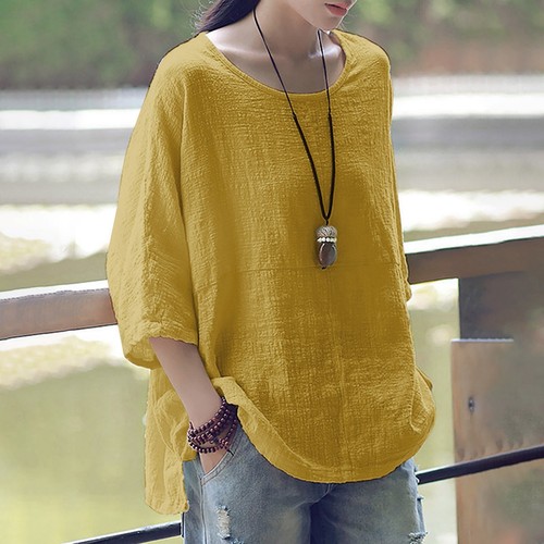 Women's Casual Solid Color Loose Cotton Linen Medium Sleeve Large Size Tops - Bild 24 von 27