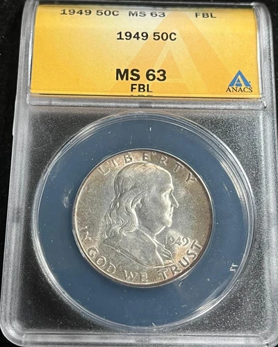 1949 Franklin Silver Half Dollar ANACS MS 63 Full Bell Line FBL Subtle Toning