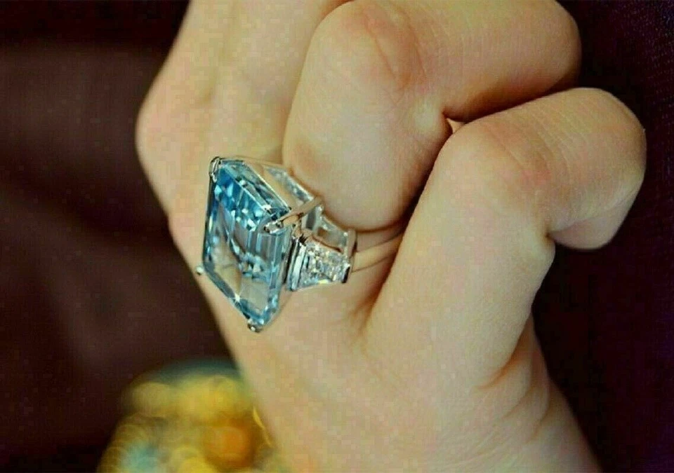 4,03Ct Smaragdschliff Simulierte Aquamarin Drei Stein Ring 14K Weißgold Finish - Bild 3 von 4