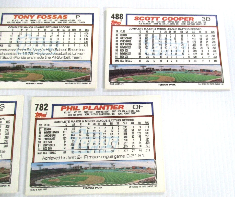 Tarjetas de béisbol de los Medias Rojas x5 #113#249#488#598#782 Major League 1992 Topps Company Foto 4 de 4