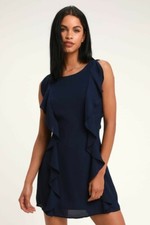 Lulus Audree Navy Blue Ruffled Sleeveless Short Dress Sz S Small Princess Sheath