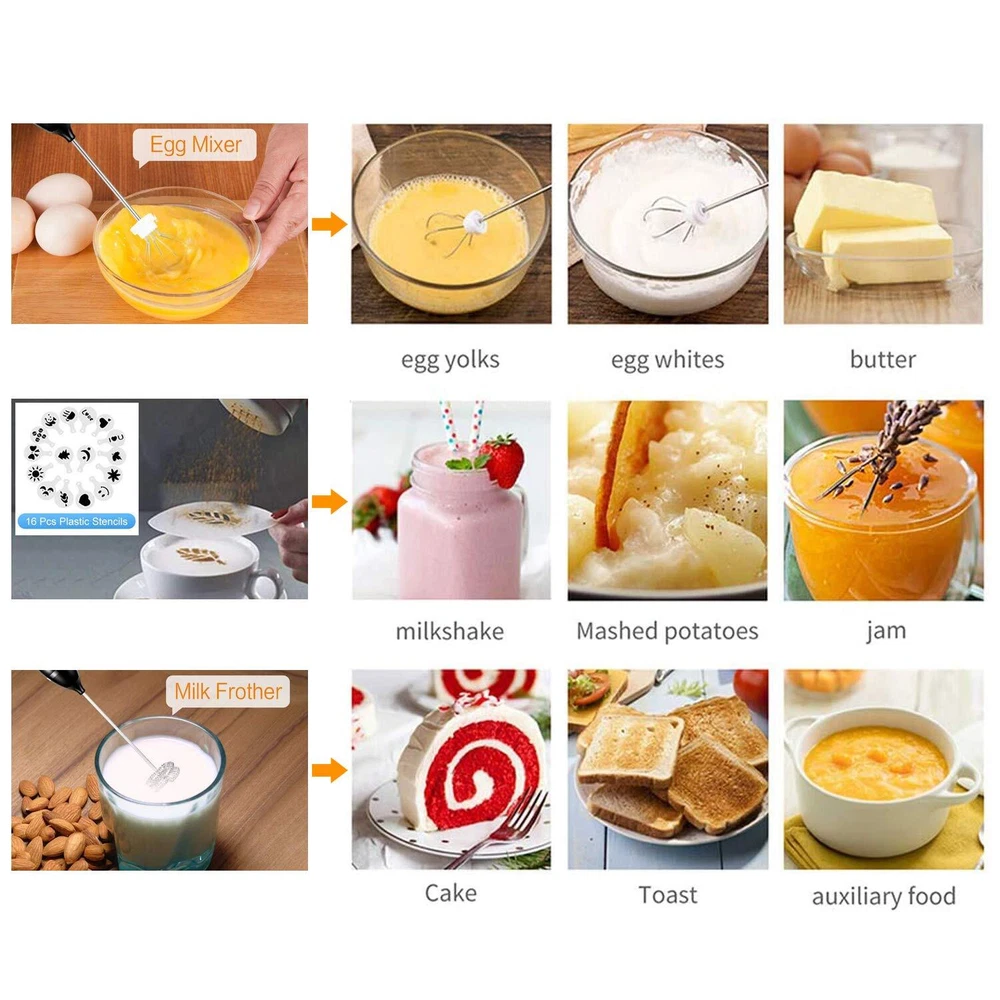 Milk Frother Handheld Rechargeable Whisk Drink Mixer for Coffee with Art Sten...