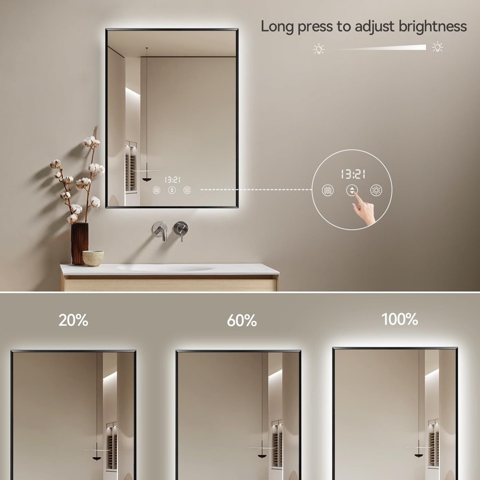20X28 Black Framed LED Bathroom Wall Mirrors with Lights. Wall Mounted