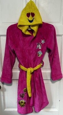 Emojination Girls Fleece Bathrobe Hot Pink & Yellow Hooded Emojis Large 2017 EUC