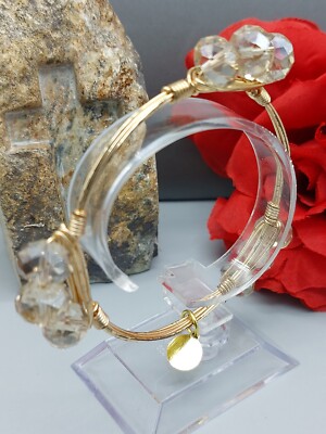 Queen Bee Creations CO Bracelet Tripple Station Crystal Beads Gold Tone Wire 8''