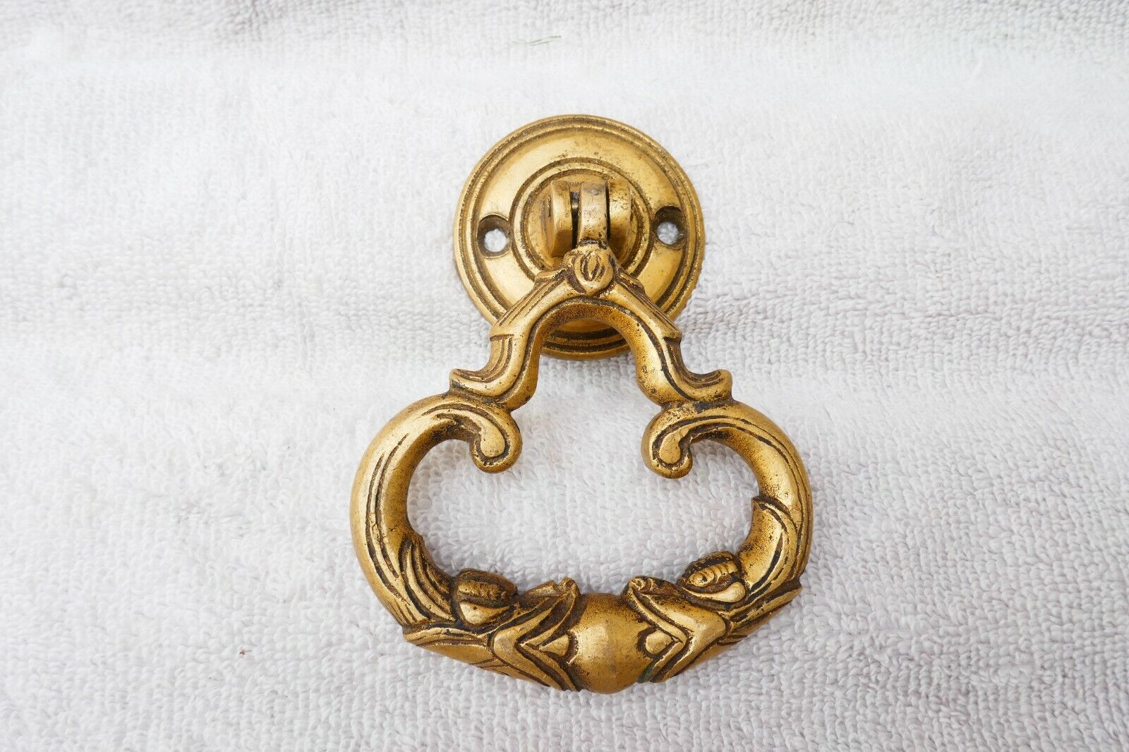 Vintage Large Brass Door Pull Handle Round Backplate-Desk Draw Cupboard Chest