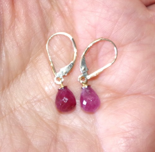 14K Genuine Diamond cut Ruby Carved Tear Drop Petite Earrings - Picture 11 of 17
