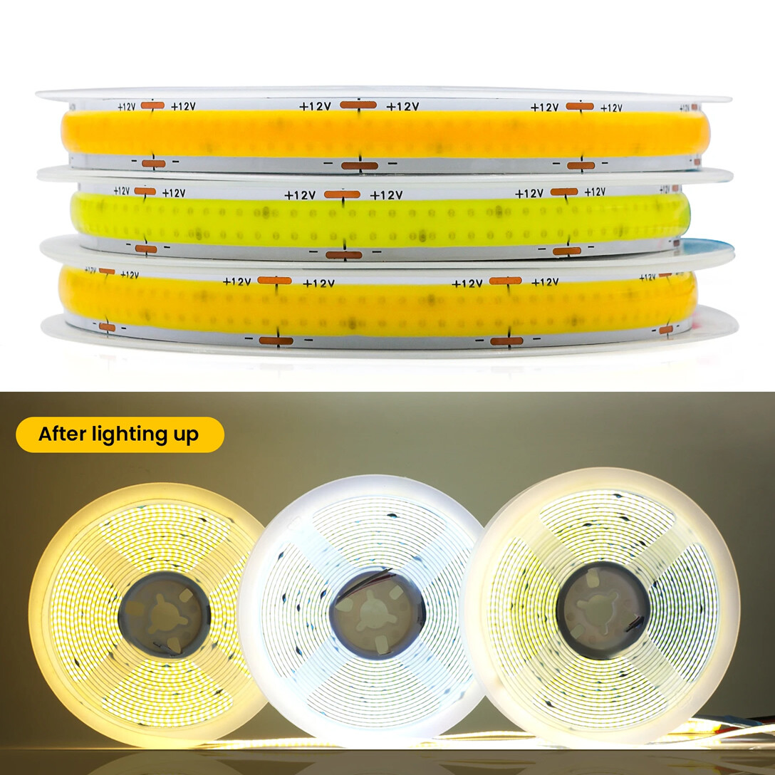Tira de luz LED de doble fila 600 COB súper brillante alta densidad flexible DC24V/12V