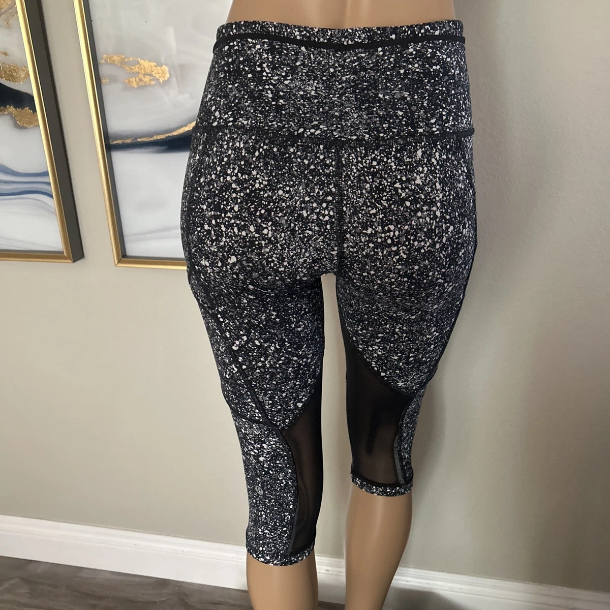 Lululemon Pace Rival Crop Cropped Leggings Paint Splatter White Black Mesh  Sz 4