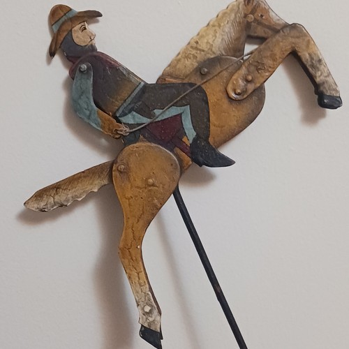 VINTAGE METAL FOLK ART BALANCING PENDULUM COWBOY HORSE decor READ - Picture 6 of 8