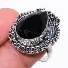 Natural Black Onyx Gemstone 925 Sterling Silver Ring Size 8.5 v657