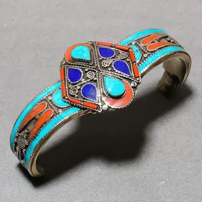Manchette Tibétaine Turquoise Lapis Lazuli Corail Népalais Vintage Nepali... - Photo 1/4