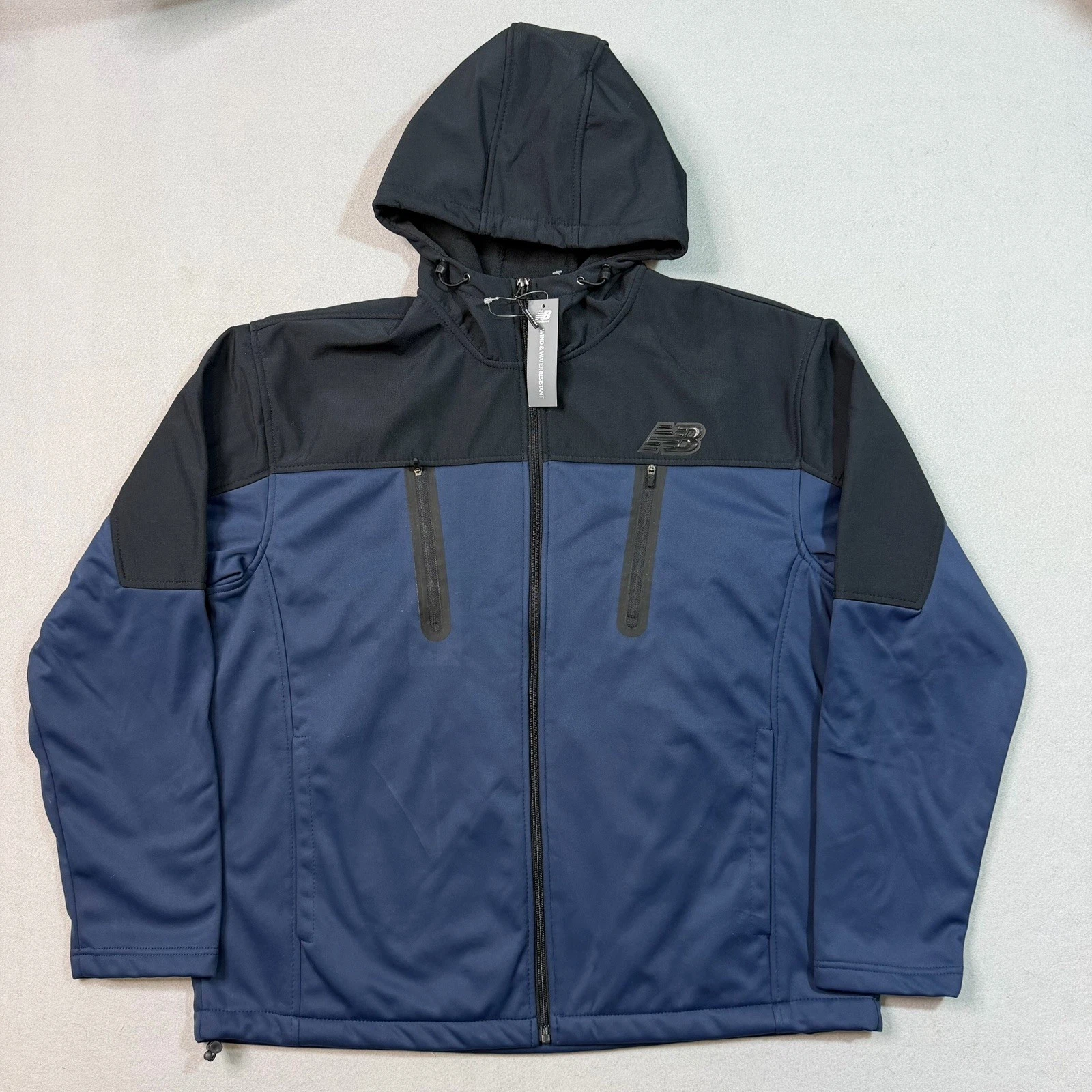 New Balance Wind & Water Resist Jacket Mens Blue/Black Hooded Shell Size M