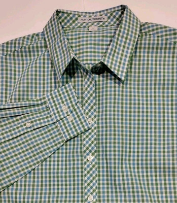 Port Authority Women Large Blue Green Check Plaid Easy Care Button Long Sl Shirt