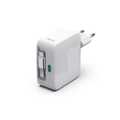 Hama Schnellladegerät 2x USB-C 65W Netzteil mit ausziehbarem Ladekabel 0,7m PD