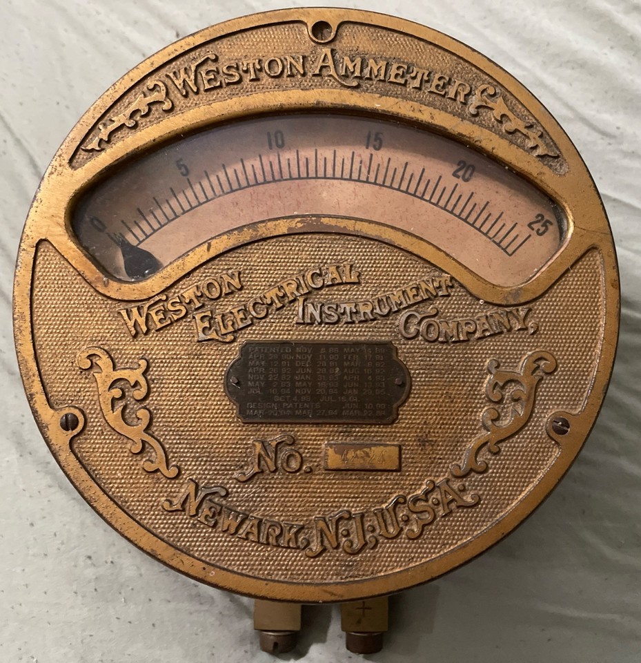 Early Victorian Weston ammeter with that gorgeous brass-and-mahogany aesthetic — a genuinely rare piece of electrical instrument history that doubles as stunning desk art.