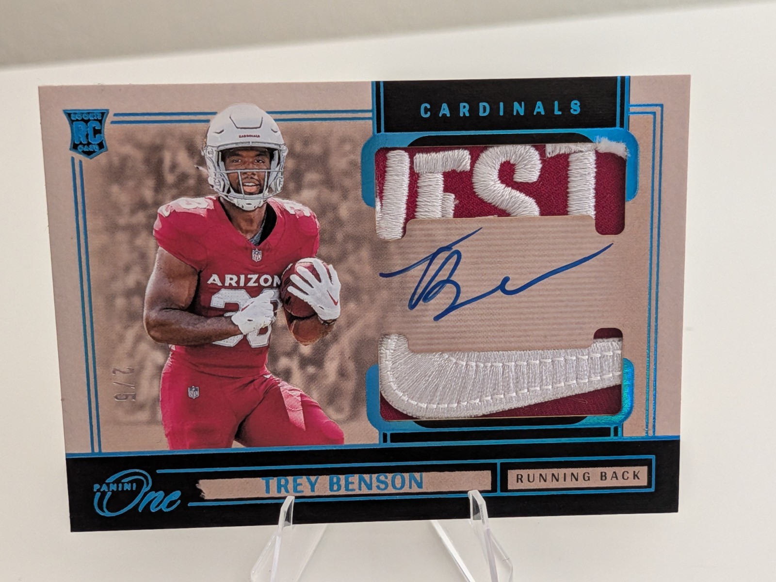 2024 Panini One Trey Benson Rookie Dual Patch Auto Blue /5 Cardinals
