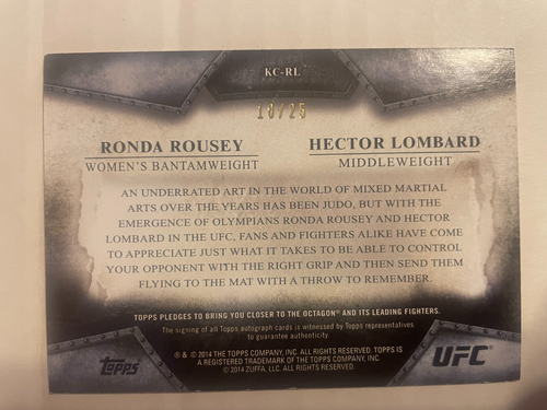 2014 Topps UFC Bloodlines Ronda Rousey/Hector Lombard Dual Autographs #18/25 SSP - Picture 2 of 2