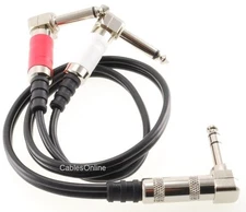 1/4" TRS Stereo Plug to Dual 1/4" TS Mono Plugs Right-Angle Audio Cable