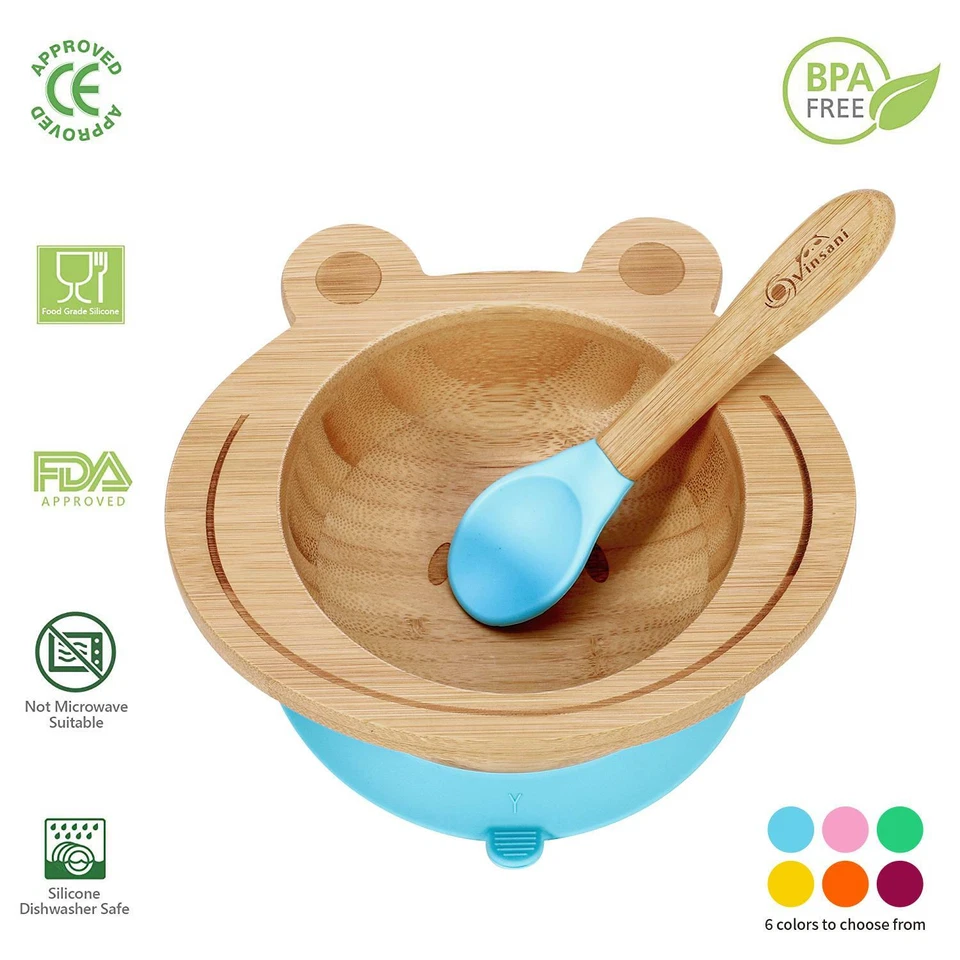 Vinsani Frog Bamboo Bowl and Spoon Set Suction Bowl Stay-Put Design