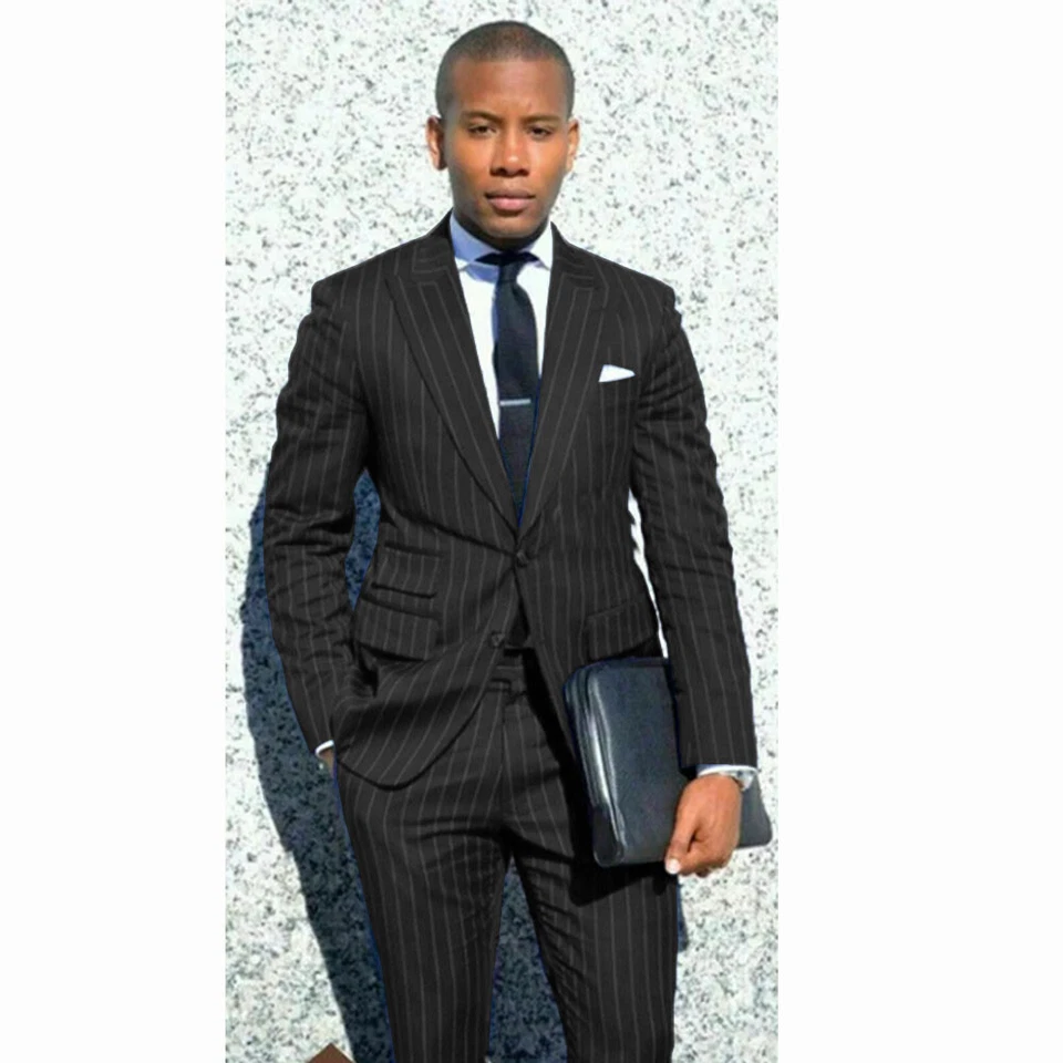 Traje de hombre a rayas con solapa de pico 2 piezas oficial de negocios boda novio esmoquin abrigo Foto 3 de 4