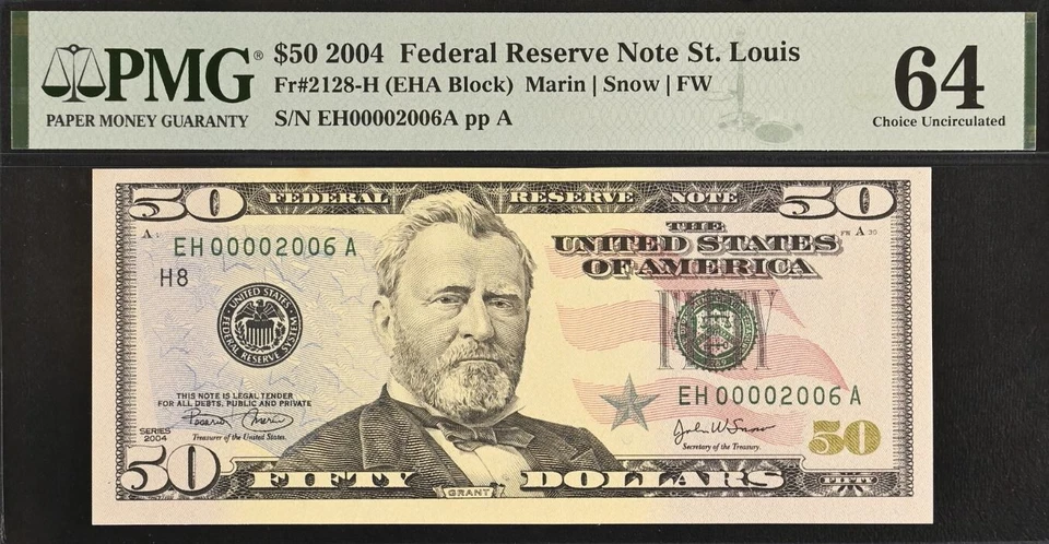 2004 $50 Federal Reserve Note PMG 64 - Fancy Birthday Serial Number 00002006 - Image 2 of 3