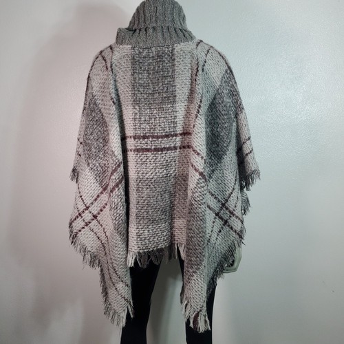 Roots Canada Poncho One Size Wool Blend Fringe Cowl Neck Cape Plaid Gray Sweater - Bild 4 von 9