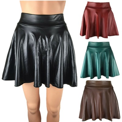 Le donne PU pelle A-Line Minigonna Abiti vita alta a pieghe gonne Clubwear  | eBay