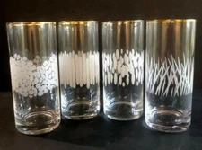 Set of 4 Tall Beverage Glasses / White Burlap Texture Drinkware