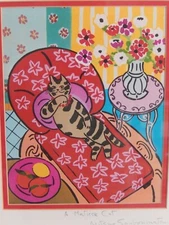 A Matisse Cat by Mitsuo Sanbonmatsu Signed Print 10" x 8" 