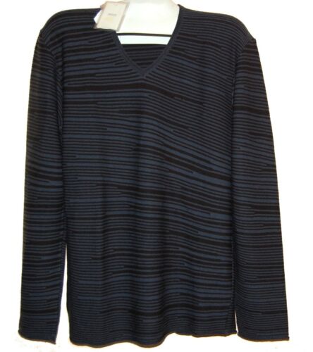Armani Collezioni Black Navy Blue Stripes Mens V-Neck Sweater Size L