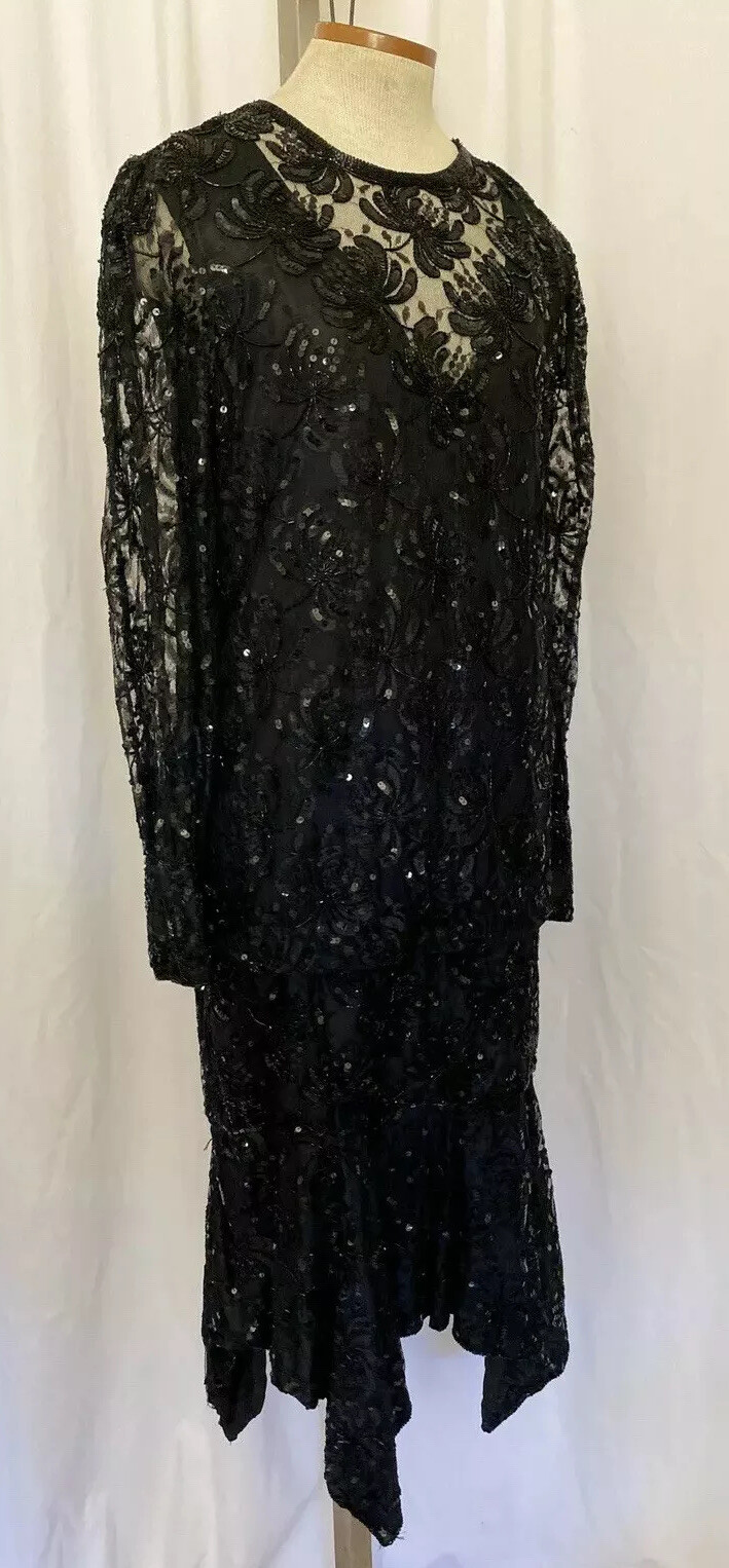 Judith Ann Creation Black Beaded Sequin Flapper Gown Dress Asymmetric Hem Small