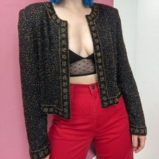 Vintage 90s Black Multi Color Heavily Beaded Evening Jacket