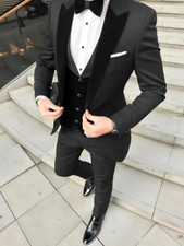Luxury Men's Black Velvet Three-Piece Tuxedo Perfect for Weddings, Engagements
