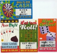 4 ASSORTED RUDE CURSE OUT FAKE LOTTO LOTTERY TICKET SET - Gag Prank Adult Joke