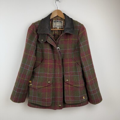 Joules Tweed Field Coat Jacket Red Green Wool Check Country Coat UK 10  UK