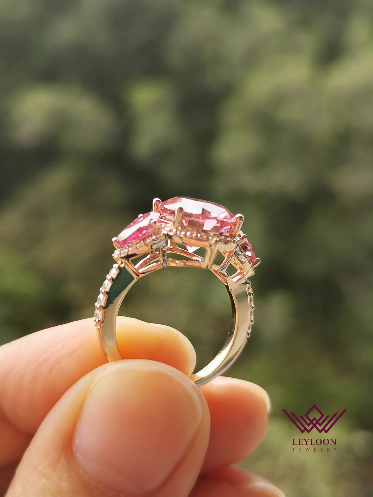 5 Carat Pink Oval Cut Halo Three-stone VVS Moissanite  14K Rose Gold Ring