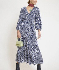 Rixo Wildcard  Navy & White Leopard Print Tiered Frida Wrap Dress UK 8 RRP £265