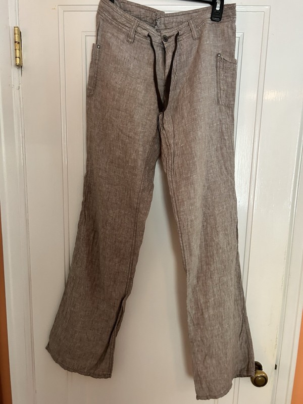 Women's Beige Linen Pants Drawstring Button Zip Pockets 27  Regular 32 Inseam