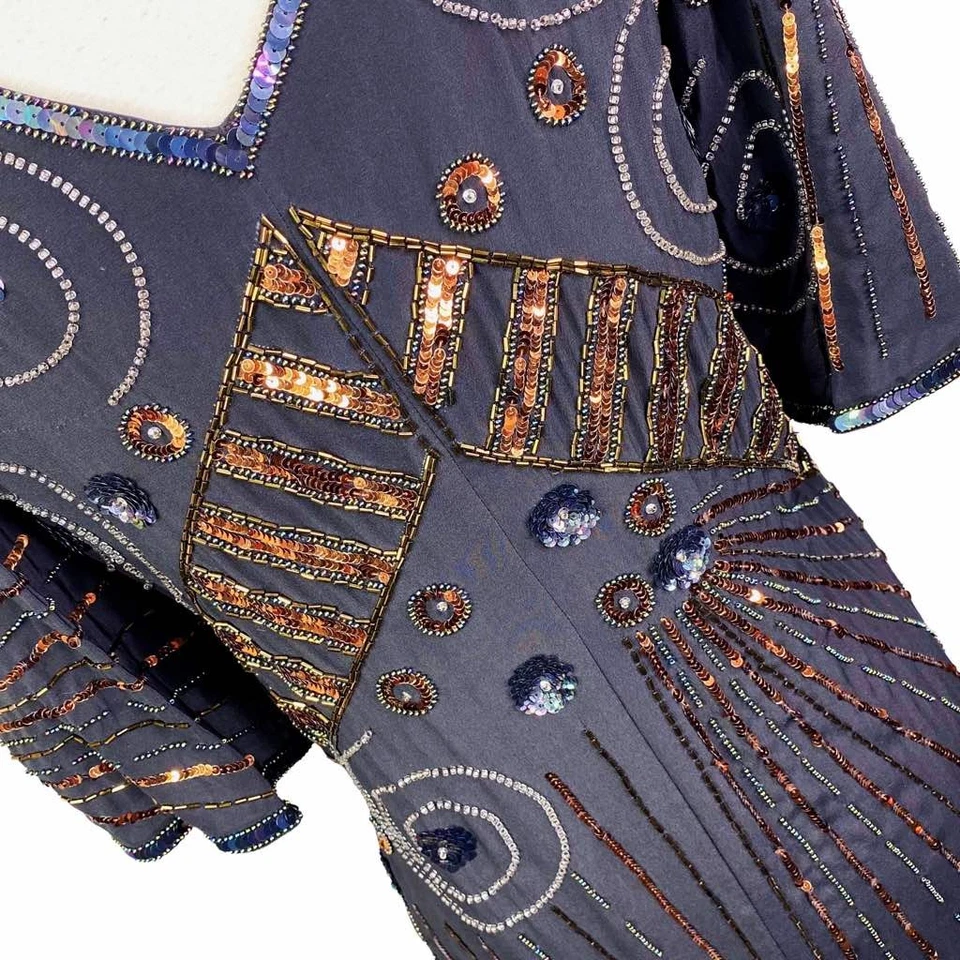 Vestido de Cóctel Vintage Años 80 Argenti Negro 100% Seda Lentejuelas Talla 6 Gran Gatsby Foto 4 de 4