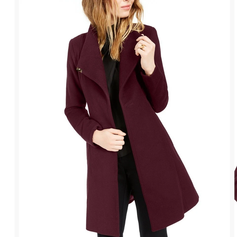MICHAEL Michael Kors Asymmetrical belted wool merlot coat Sz M - Image 3 of 4