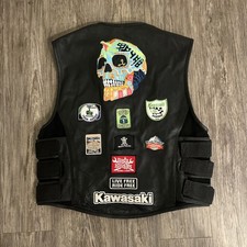 Street  Steel Black Leather Motorcycle Vest Size XL With Patches