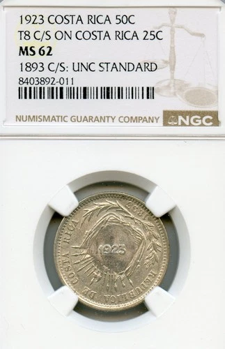 COSTA RICA 50 CENTIMOS SILVER 1923 COUNTERSTAMP ON 1893 25 CENTAVOS MS-62 NGC