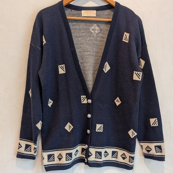 PENDLETON 100% Wool Navy Geometric Patterned V-ne… - image 3