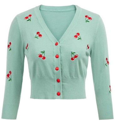 Women Cropped Cardigan Cherry Embroidery V-Neck 3/4 Sleeve Button Down S-XXL
